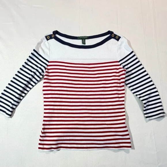 Lauren Ralph Lauren Striped Boat Neck Top Sz M  Nautical Coastal - Picture 3 of 7